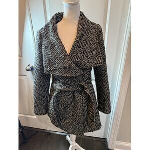 Jessica Simpson Women’s Black White Tweed Wrap Belted Coat Jacket XS